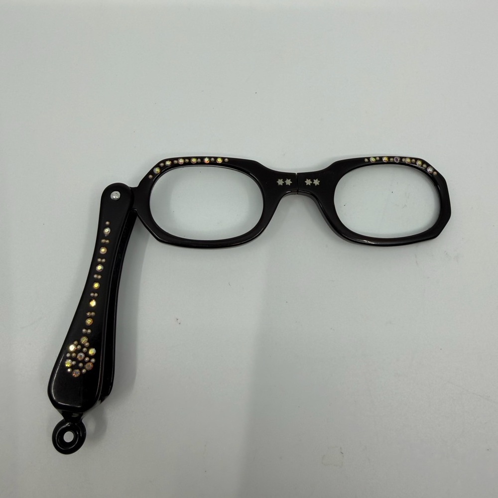 Vintage Folding Lorgnette Black & rhinestone embellished opera-reading glasses